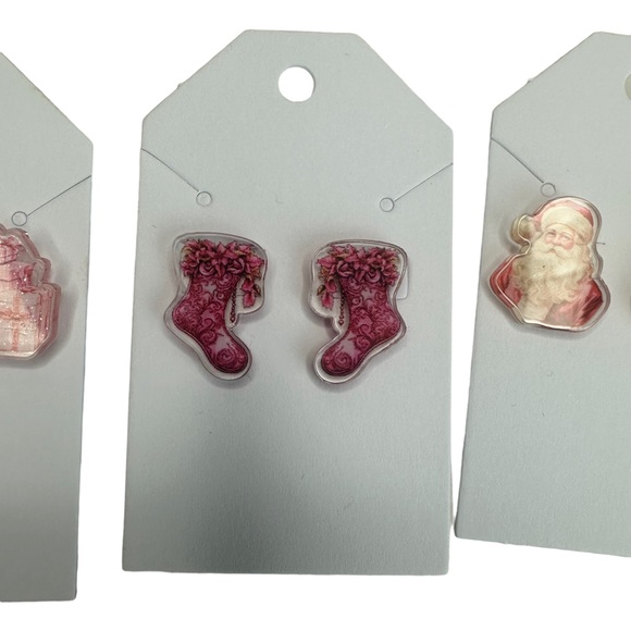 Set of 3 Pink NEW Christmas Holiday Stud Acrylic Handmade Earrings - Picture 4 of 8